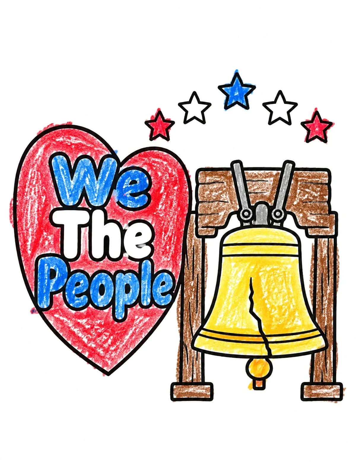 Colored example of the Liberty Bell And We The People coloring page
