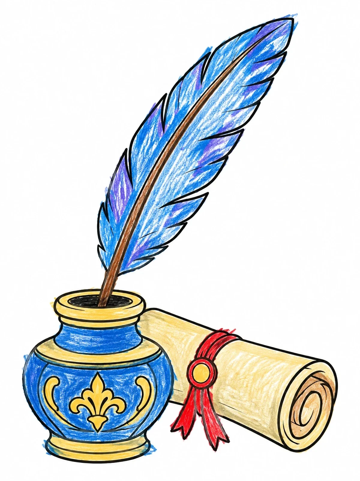 Colored example of the Quill Pen With Inkpot And Scroll coloring page