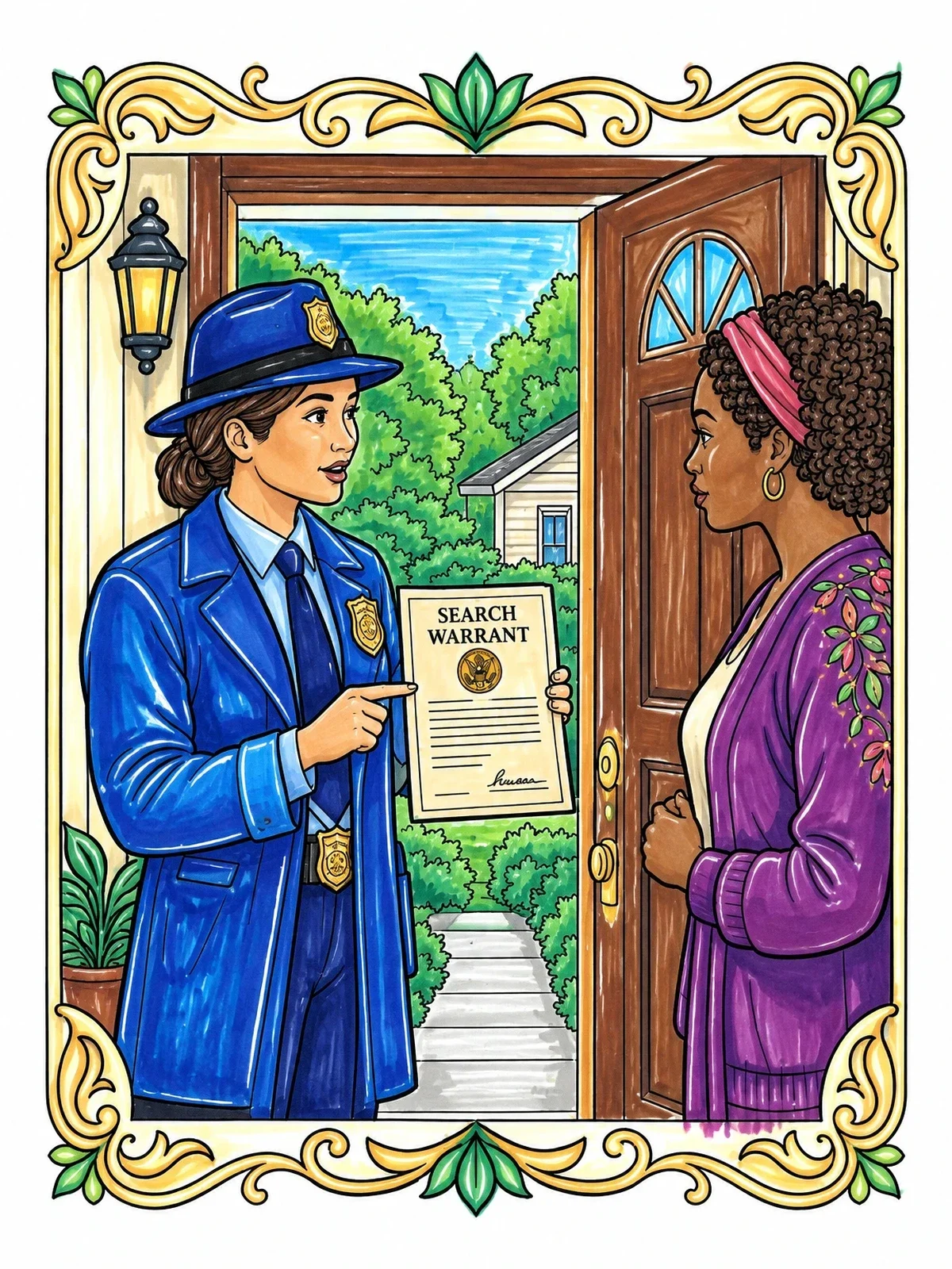 Colored example of the Search Warrant Fourth Amendment Scene coloring page