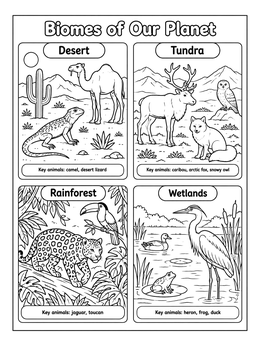 An ecosystem coloring page showing four biomes with wildlife including desert, tundra, rainforest, and wetlands.