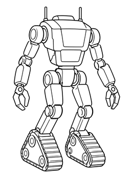 A futuristic robot coloring page showing a standing mech with tank tread feet and claw hands.