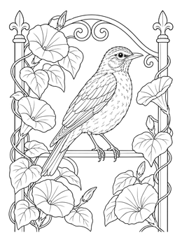 An American robin sits on a flower trellis in this detailed bird coloring page.