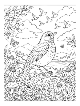 Robin Perched in Spring Garden coloring page