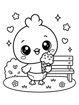 A sweet baby chick eating ice cream in a park on this cute bird coloring page.