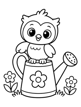 A sweet baby bird coloring page showing a cartoon owl perched on a garden watering can.