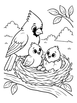 A parent cardinal watches chicks in this bird coloring page.