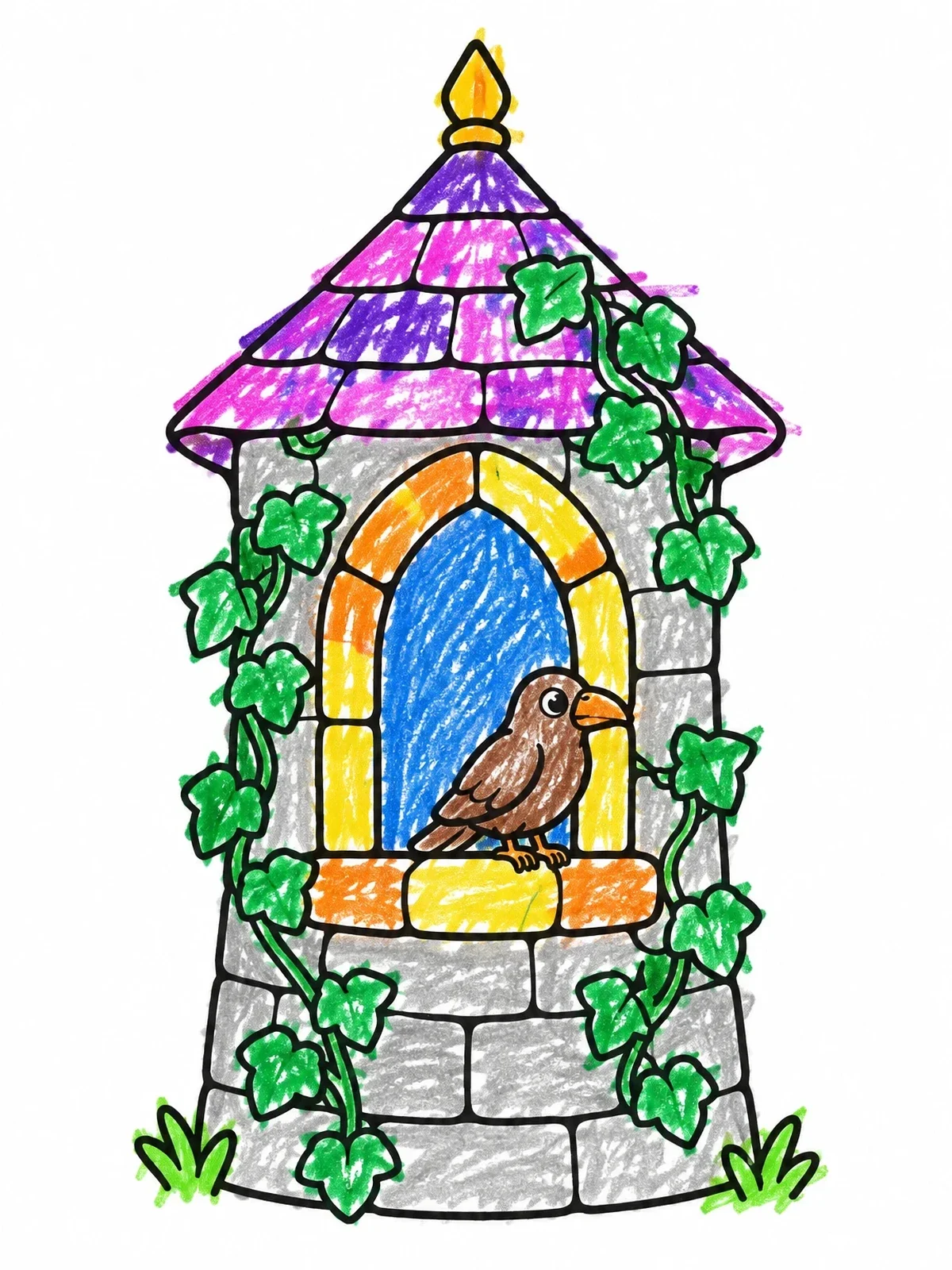 Colored example of the Bird In Castle Turret Window coloring page