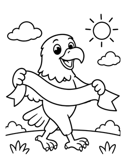 A friendly eagle walks outdoors holding a ribbon banner in this bird coloring page.