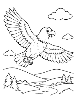 A friendly eagle flies across this bird coloring page over hills and trees.