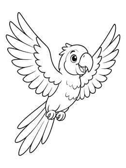 Happy cartoon parrot in flight featured on a bird coloring page.