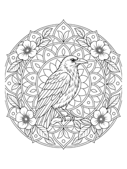 A detailed crow perched inside a mandala on this bird coloring page.
