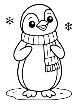 A cheerful baby bird coloring page showing a cute penguin wearing a cozy winter scarf in the snow.