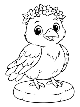 A cute crow chick wearing a floral crown standing on a stone in this bird coloring page.