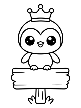 Free printable Cute Penguin With Crown On Wooden Sign coloring page