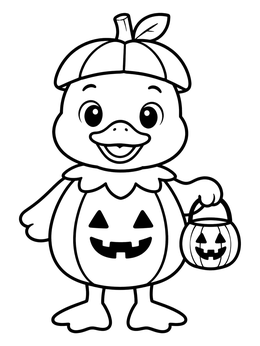 A cute duck in pumpkin costume holds a bucket in this bird coloring page.