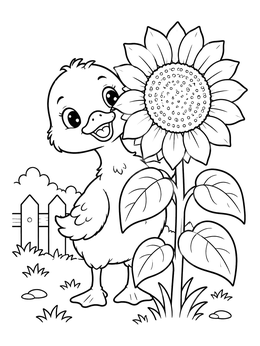 A happy little duck stands near a sunflower in this bird coloring page.