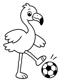 A happy bird coloring page showing a cartoon flamingo kicking a soccer ball.