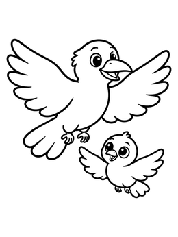 Free printable Cute Flying Crow With Fledgling coloring page