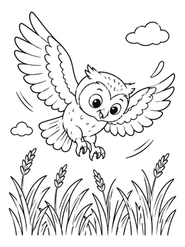 A cheerful cartoon owl swoops toward tall grass in this sweet bird coloring page.