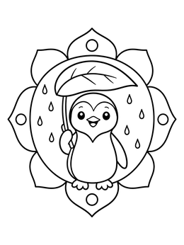 A cheerful bird coloring page showing a little penguin sheltering under a leaf umbrella.