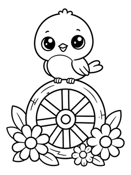 A cheerful cartoon robin perched on a wheel with flowers in this bird coloring page.