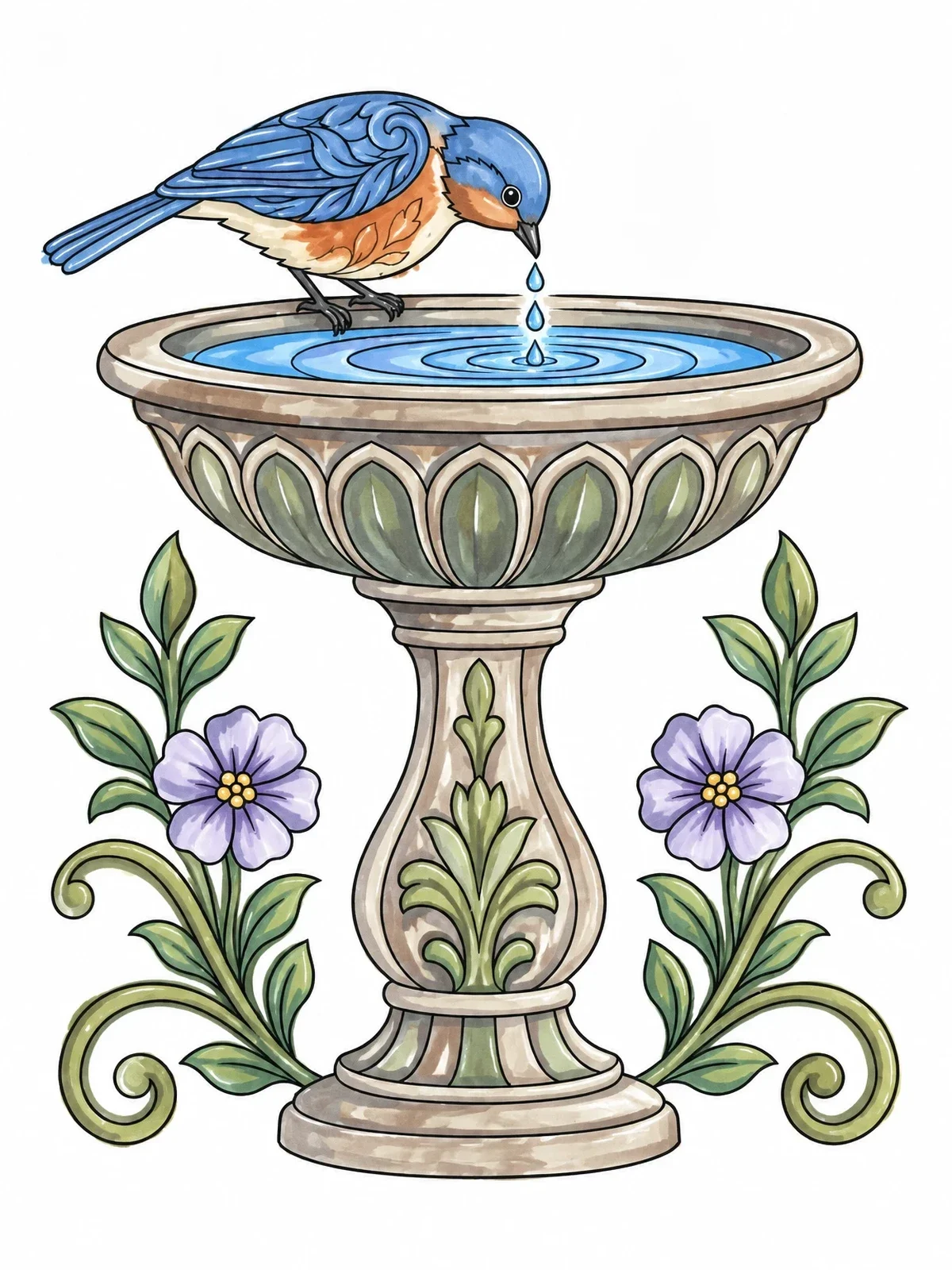 Colored example of the Bird Drinking From Garden Birdbath coloring page