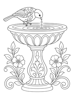 A detailed drinking water coloring page showing a small bird sipping from an ornate garden stone birdbath.