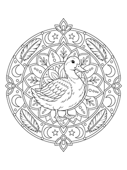 A duck inside a celestial mandala on this bird coloring page.