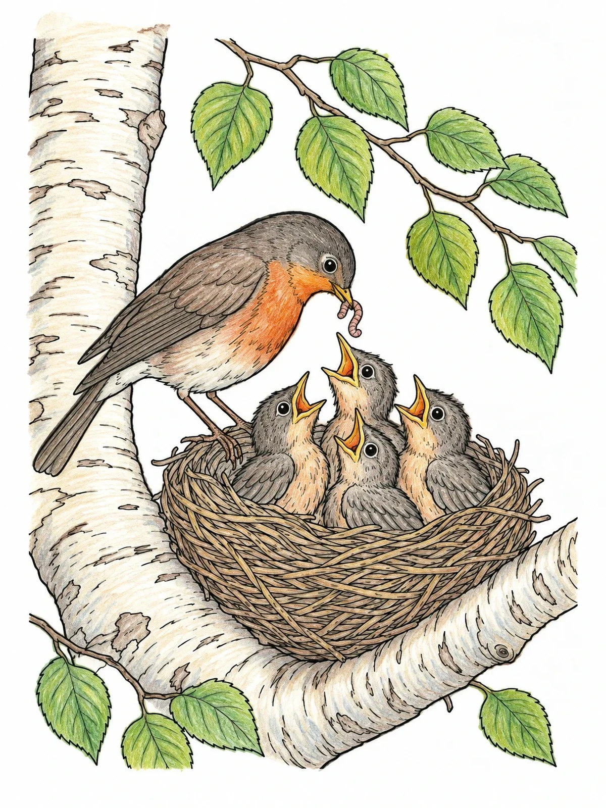 Colored example of the Bird Feeding Chicks In Nest coloring page