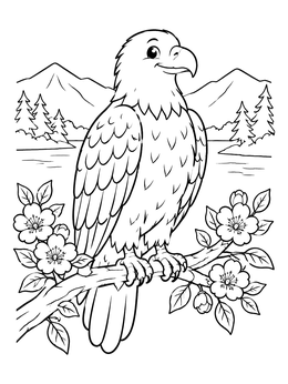 A friendly eagle sits on a flowering branch in this cheerful bird coloring page.