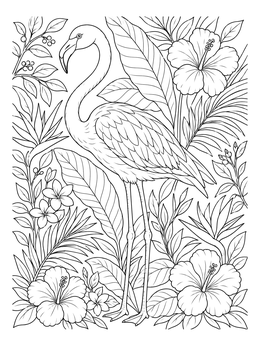 A detailed bird coloring page featuring a graceful flamingo amidst lush tropical hibiscus flowers and leaves.