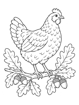 A detailed hen perched on an oak branch in this bird coloring page.