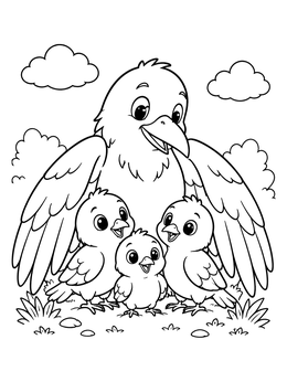 A sweet bird coloring page featuring a parent crow sheltering three cute chicks beneath its wings.