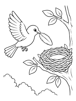 Free printable Bird Flying To Nest With Feather coloring page