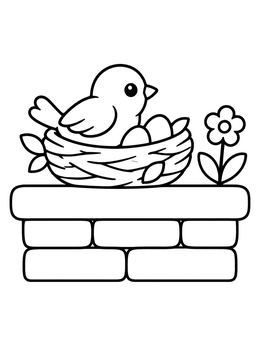 A sweet bird nest coloring page with a bird, eggs, and a flower on a brick wall.