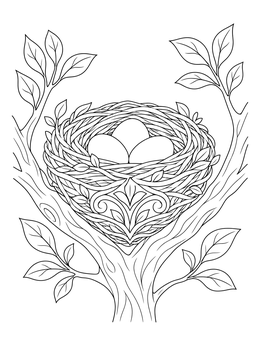 Detailed bird nest coloring page with three eggs resting safely among leafy tree branches.