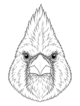 A detailed bird coloring page presenting a front-facing northern cardinal head portrait.