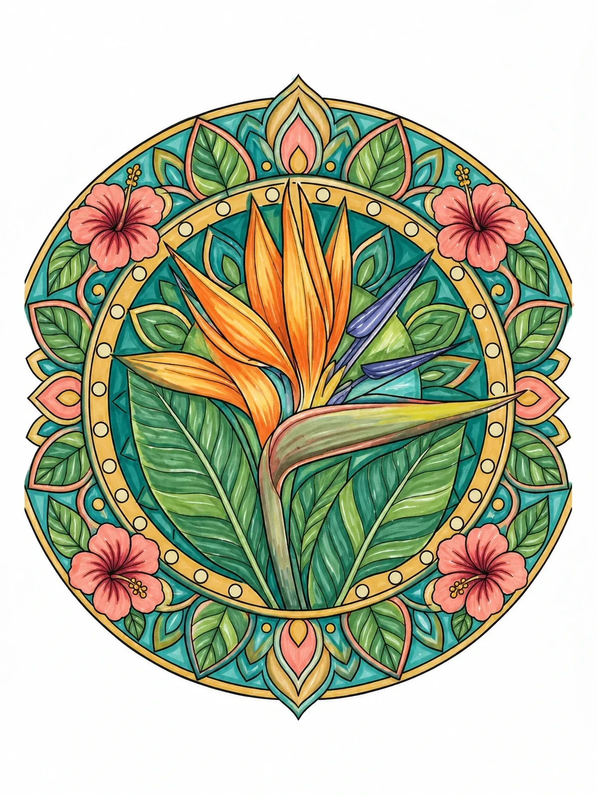 Colored example of the Bird Of Paradise Mandala coloring page