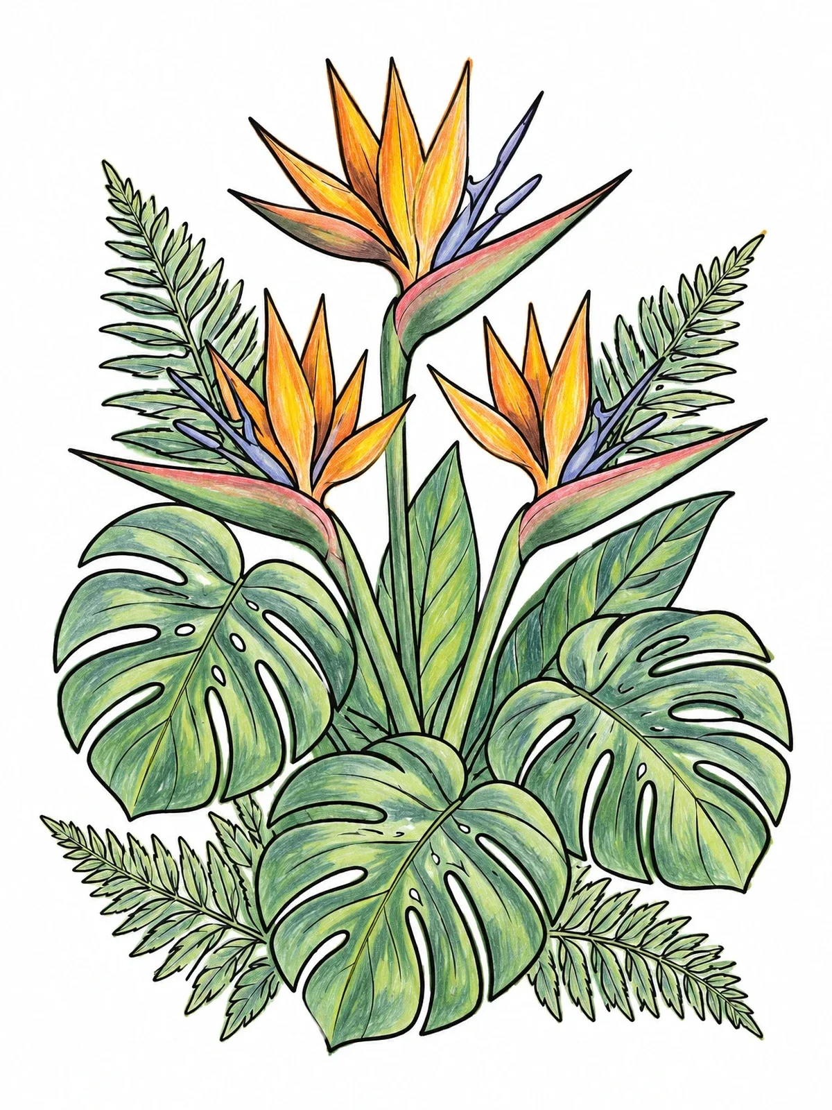 Colored example of the Tropical Bird Of Paradise Bouquet coloring page