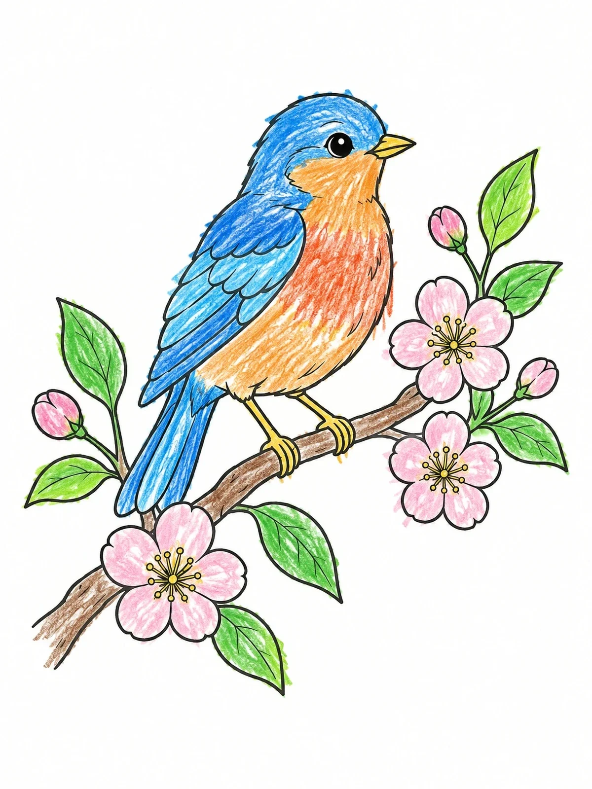 Colored example of the Bird On A Blooming Tree Branch coloring page
