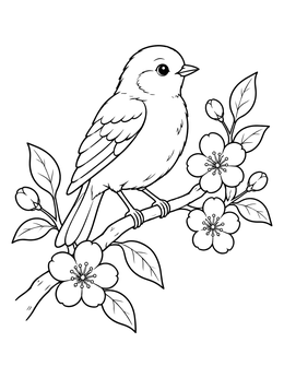 Free printable Bird On A Blooming Tree Branch coloring page