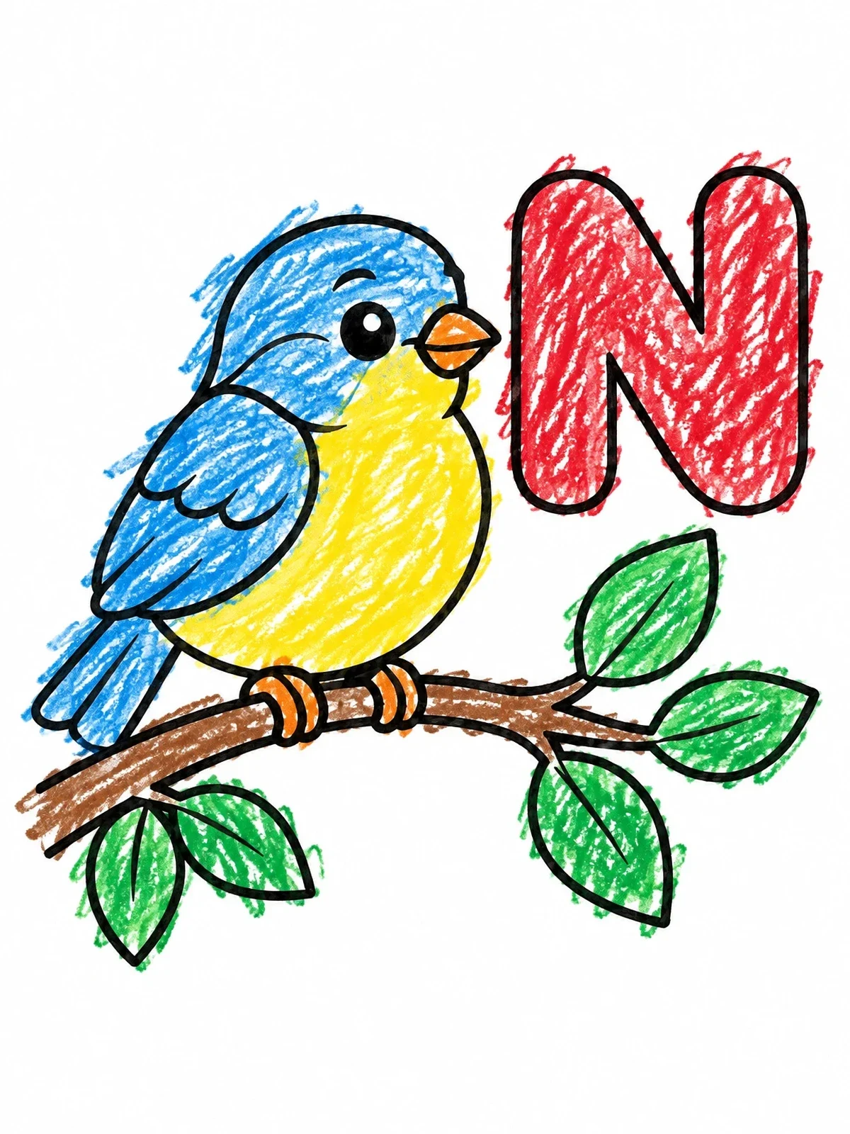 Colored example of the Bird On Branch With Letter N coloring page