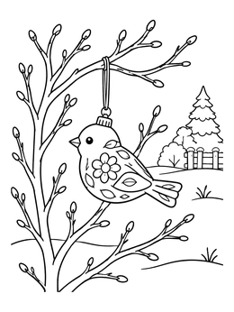 A decorative bird bauble hangs on a tree in this ornament coloring page.