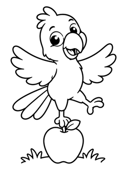 A cheerful bird coloring page showing a cartoon parrot balancing on an apple.