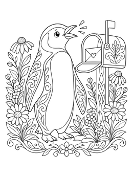 A cheerful penguin chirps beside an open mailbox on this bird coloring page.