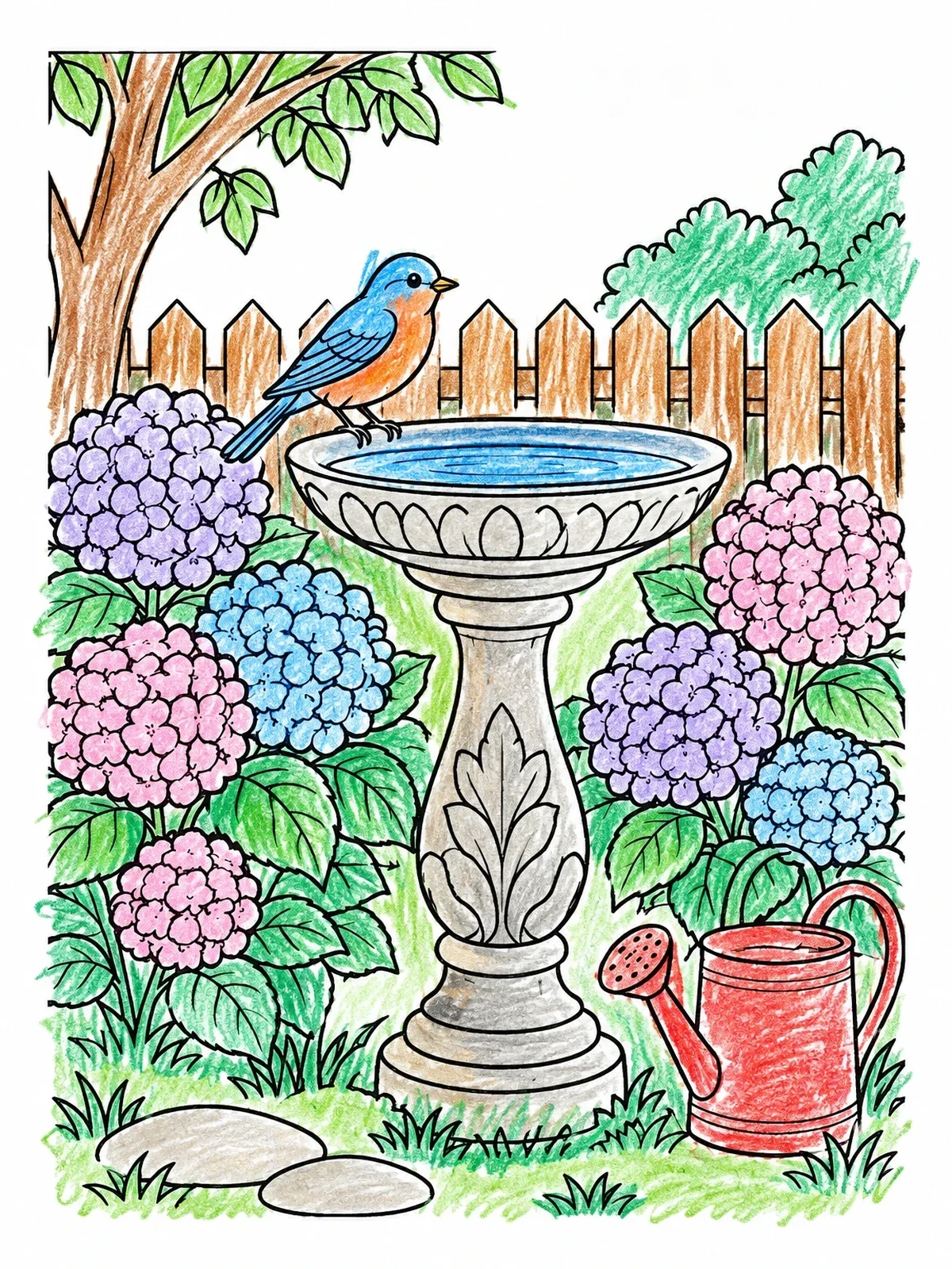 Colored example of the Birdbath And Blooming Hydrangeas coloring page