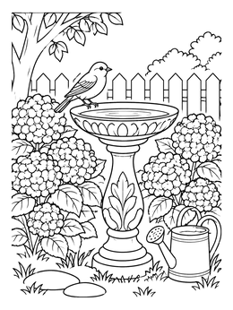 Free printable Birdbath And Blooming Hydrangeas coloring page