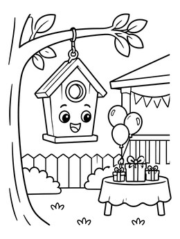 A smiling birdhouse in a cute house coloring page with balloons and gifts.