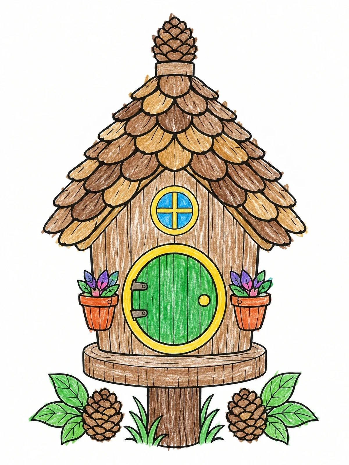 Colored example of the Birdhouse Fairy Home With Pinecone Roof coloring page