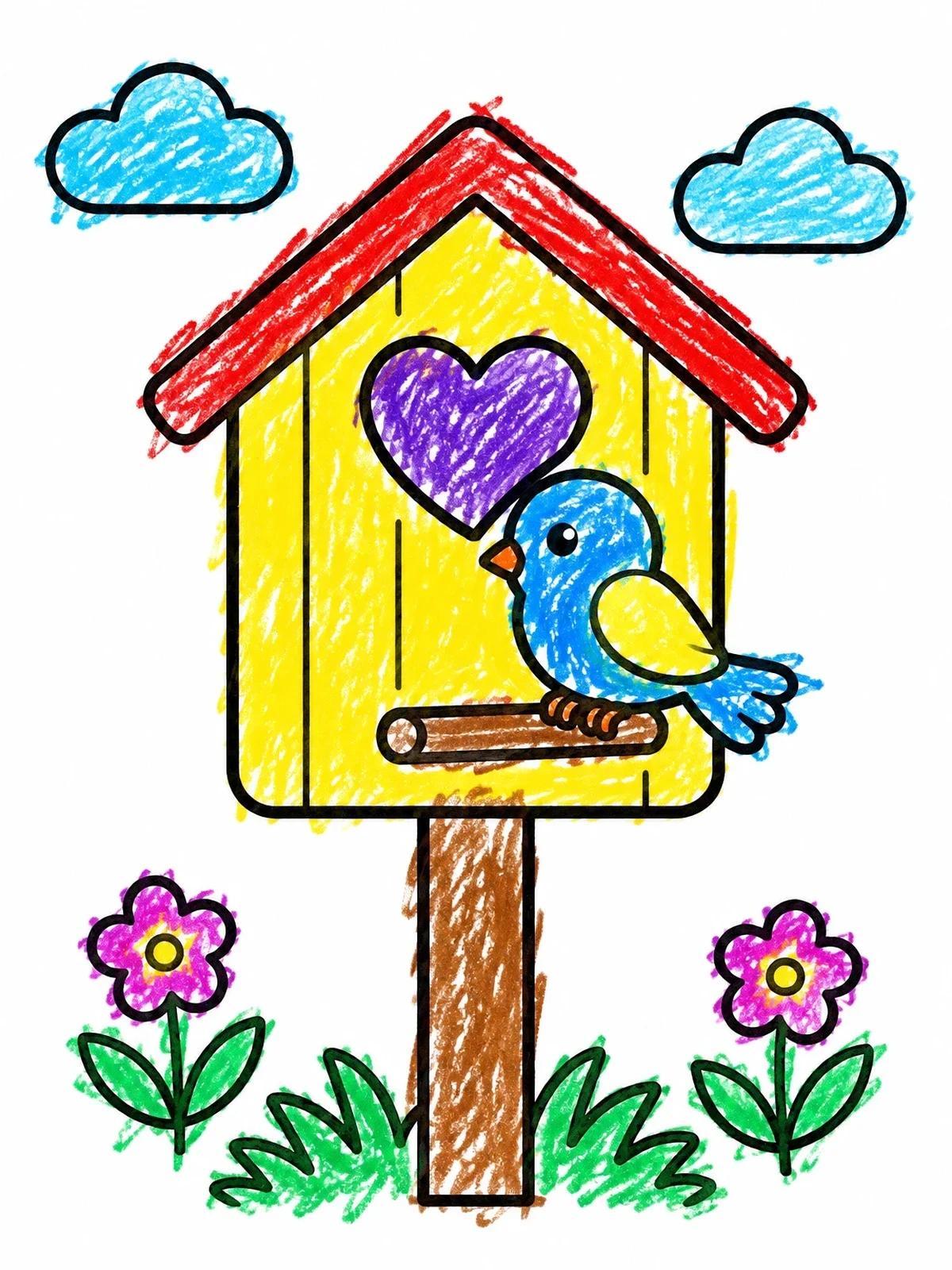 Colored example of the Birdhouse With Heart Opening And Cute Bird coloring page
